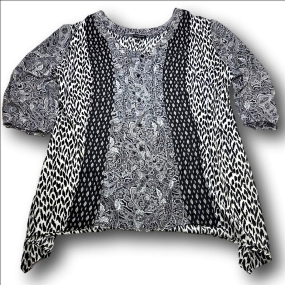 Women's NOTATIONS Plus 3X Black & White Patterned Blouse - Picture 1 of 8